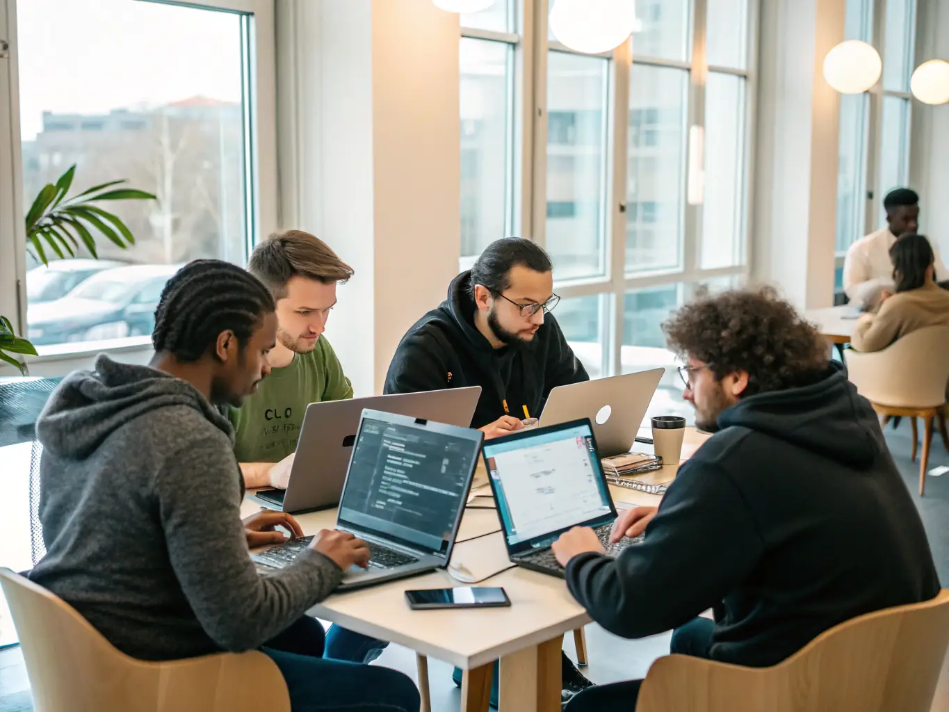 A diverse team collaborating on a software development project, showcasing the collaborative and innovative spirit of digitbase.uno.