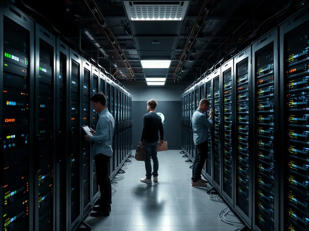 A team of IT specialists installing cloud infrastructure in a data center, representing Technology Solutions Implementation.